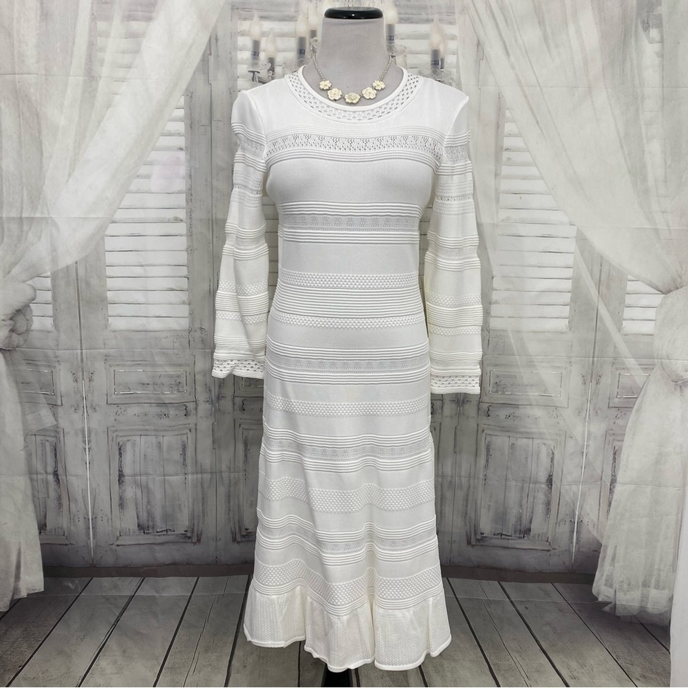 NWT Eliza J Medium White Pointelle Ruffle Hem Sweater Dress Sleeve Fit & Flare
